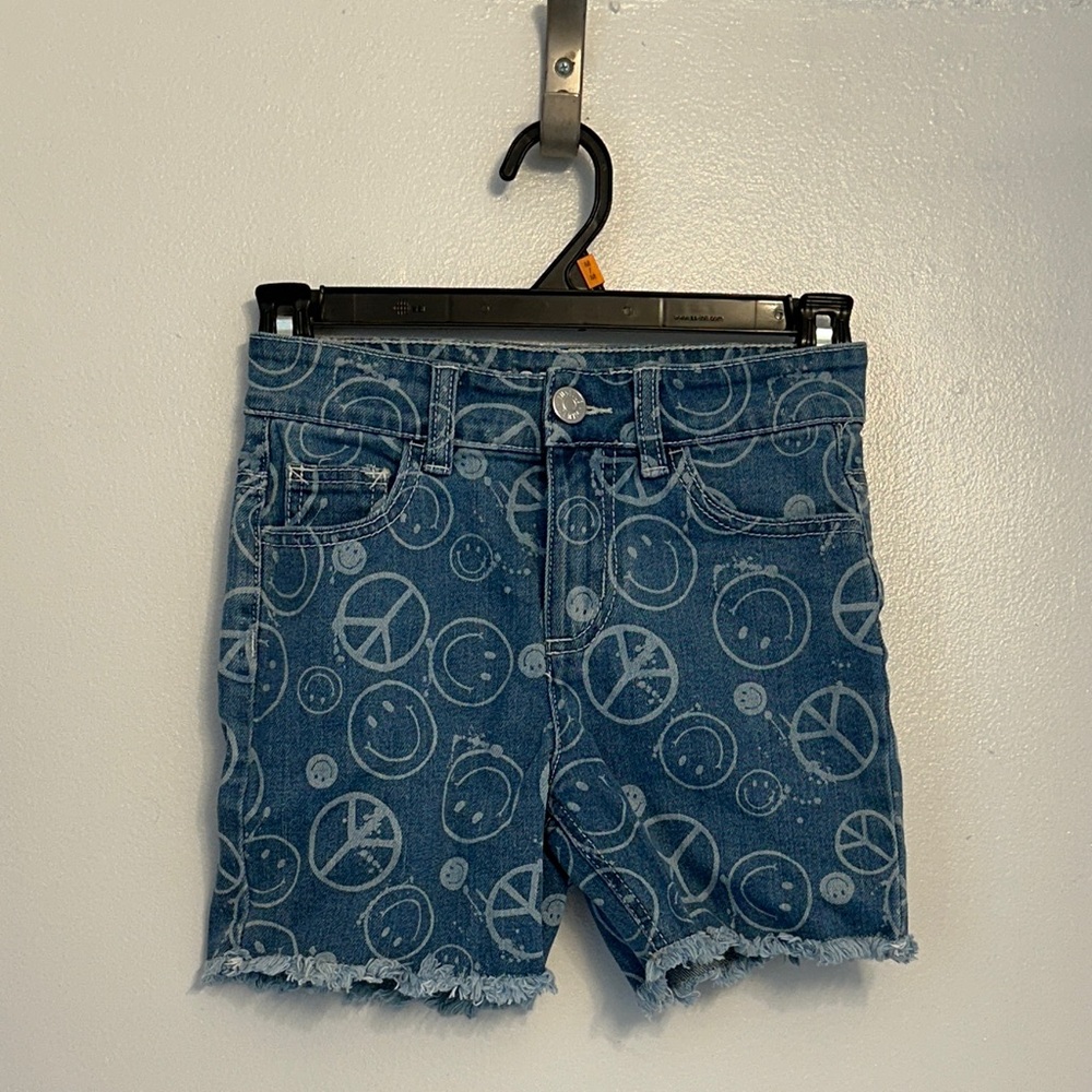 Girls Blue Denim Shorts with Peace and Smiley Print